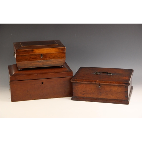 848 - A Regency rosewood sewing box, of sarcophagus form, the hinged cover with parquetry banding opening ... 