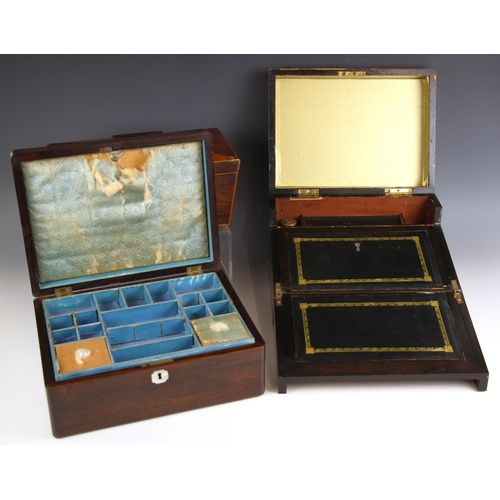 853 - A mid 19th century rosewood writing box, applied with a mother of pearl cartouche and escutcheon, op... 