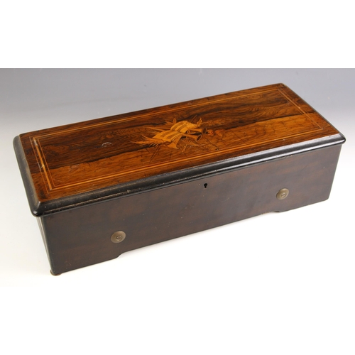 860 - A Swiss rosewood and marquetry music box, late 19th century, the hinged cover centred with a crossed... 