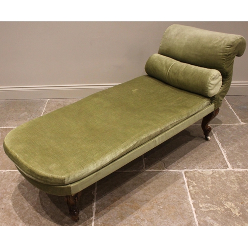 950 - A Victorian walnut day bed, in green velour upholstery, with an 'S' shaped scroll end and rounded op... 