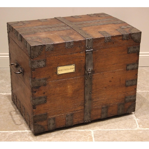 996 - A 19th century oak and metal bound silver trunk, the gently domed cover applied with metal strapwork... 