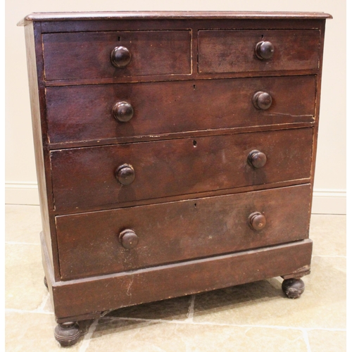 972 - A Victorian stained pine chest of drawers, formed with a rectangular moulded top over two short and ... 