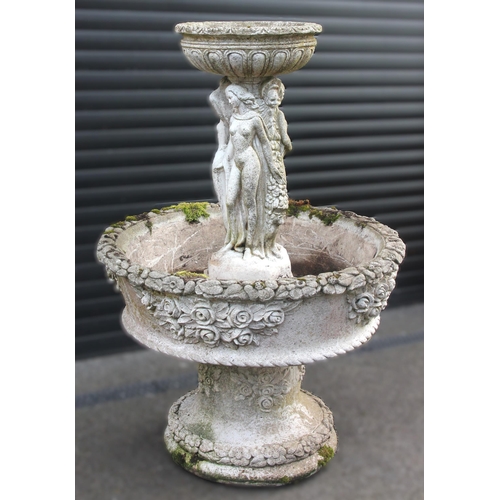 1112 - A reconstituted stone two-tier water feature/planter, the associated upper tier modelled as a bowl u... 