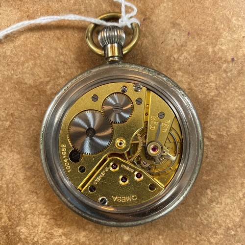 164 - MILITARY INTEREST: A military issue Omega open faced pocket watch, the white enamel dial with Arabic... 