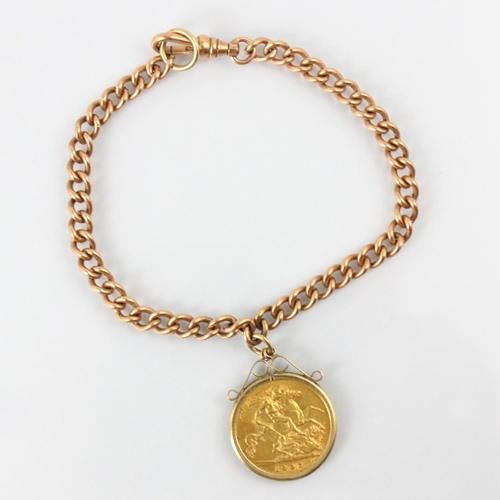 127 - A yellow metal curb link bracelet, unmarked, with lobster swivel fastener, suspending an Edward VII ... 