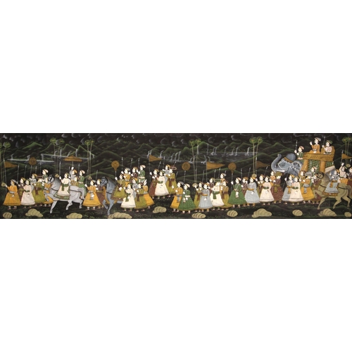 149 - Indian School (20th century), 
Gouache on silk, 
Processional parade with caparisoned elephants and ... 