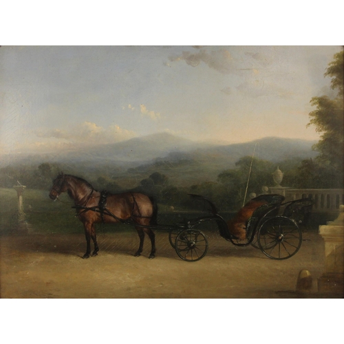 153 - Follower of John Nost Sartorius (British, 1759-1828)
A horse and carriage in a landscape,  
Oil on c... 