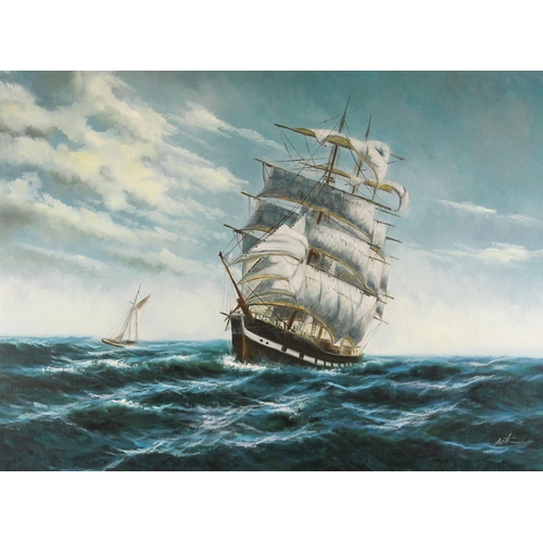 160 - Manner of Montague Dawson RSMA, FRSA (1890–1973),  
A tall ship at sea,  
Oil on canvas applied to b... 