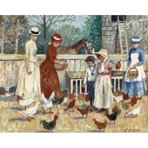 161 - Tom Durkin (British, 1928-1990),  
A farmyard scene with a family feeding chickens,  
Oil on board, ... 