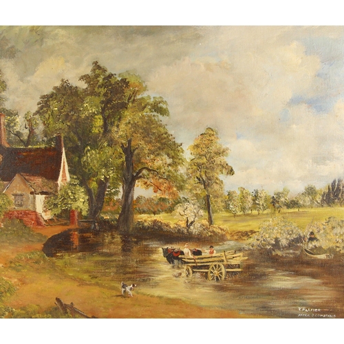 163 - After John Constable (British, 1776-1837),  
A naïve 20th century copy of 'The Hay Wain',  
Oil on b... 