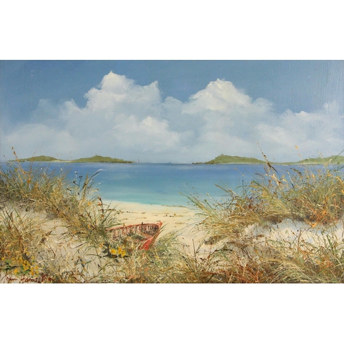 165 - John Alan Hamilton (British, 1919–1993),  
Red boat in the dunes, Scilly Isles,  
Oil on board,  
Si... 