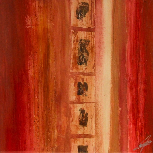 172 - Abstract school (contemporary),  
Abstract in reds with gilt highlights,  
Mixed media on board,  
I... 