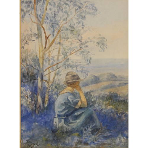 181 - English school (early 20th century),  
A seated girl staring out at a bucolic landscape,  
Watercolo... 