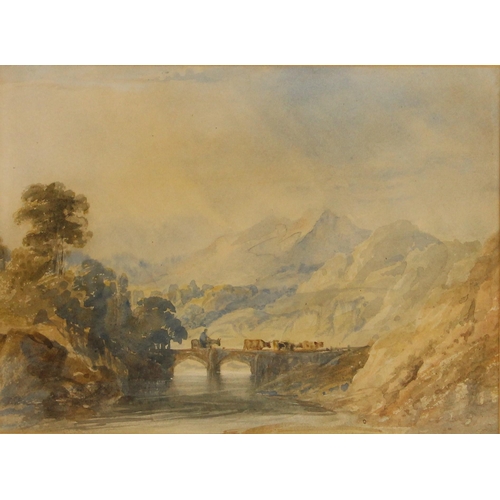 186 - David Cox Jnr (British, 1809-1885),  
Cattle drover on a bridge in North Wales,  Watercolour on pape... 