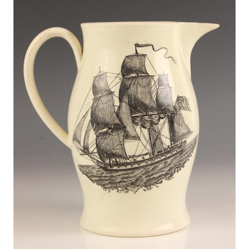 283 - A Liverpool creamware jug, 19th century, of typical bellied form printed to one side with a vignette... 