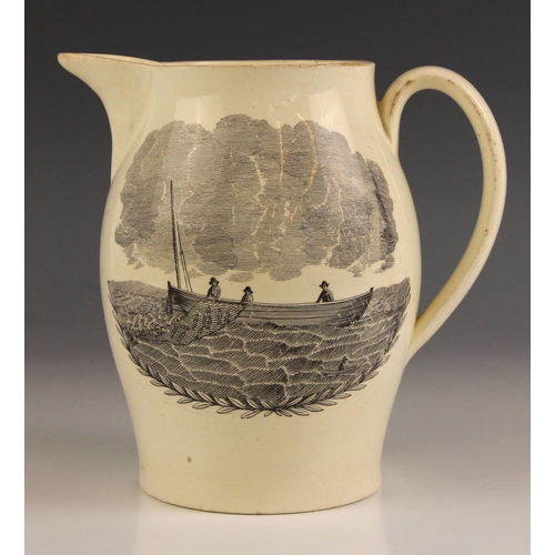 286 - A Liverpool creamware jug, 19th century, of typical bellied form printed to one side with a vignette... 