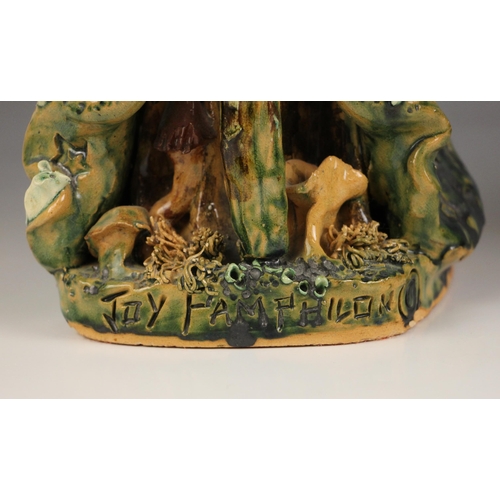 296 - Two studio pottery figures by Joy Pamphilon, one modelled as a wizard with beard and staff, incised ... 