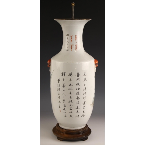 300 - A large Chinese porcelain vase, late 19th/early 20th century, later converted to a lamp base, the ba... 