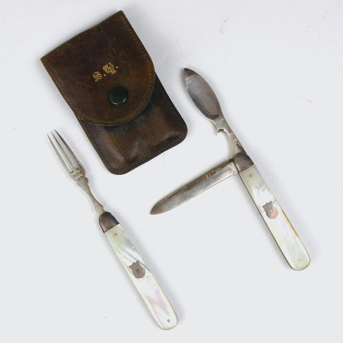 36 - A set of George V silver and 'mother of pearl' campaign cutlery, retailed by Finnigans, C W Fletcher... 