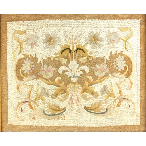 382 - A silk work long stitch embroidery panel, 19th century, embroidered with floral motifs and scrolled ... 