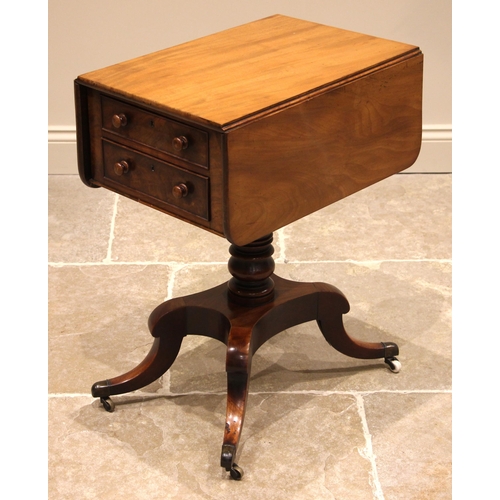 452 - A Regency mahogany work table, the rectangular drop-leaf top over two drawers opposed by a single dr... 