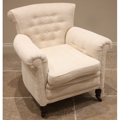 479 - A button back tub chair, late19th/early 20th century, re-covered in textured oatmeal fabric, the con... 