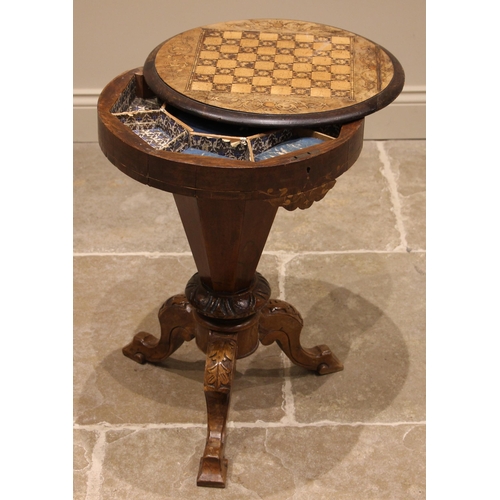 481 - A Victorian inlaid walnut games/work table, the circular swivel top inlaid with a checkerboard openi... 