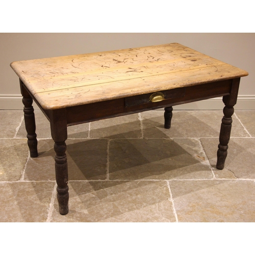 482 - A Victorian pine scrub top scullery/kitchen table, the plank top above a single frieze drawer, upon ... 