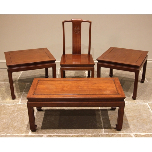 494 - A pair of Chinese hardwood lamp or side tables, 20th century, each with a panelled rectangular top, ... 