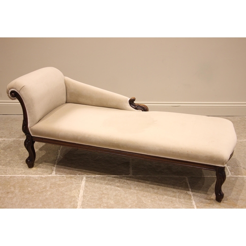 515 - A Victorian style chaise longue, late 20th century, in oatmeal coloured velour fabric, the down swep... 