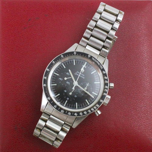 54 - An Omega stainless steel Speedmaster wristwatch, the black dial with triple subsidiary dial, black t... 