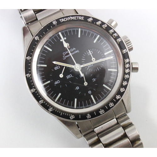 54 - An Omega stainless steel Speedmaster wristwatch, the black dial with triple subsidiary dial, black t... 