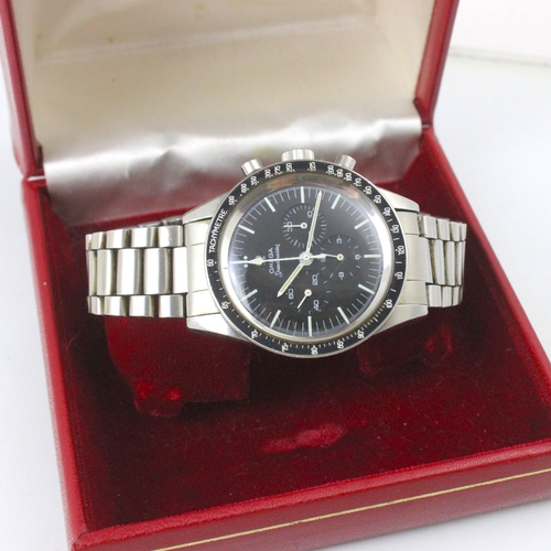 54 - An Omega stainless steel Speedmaster wristwatch, the black dial with triple subsidiary dial, black t... 