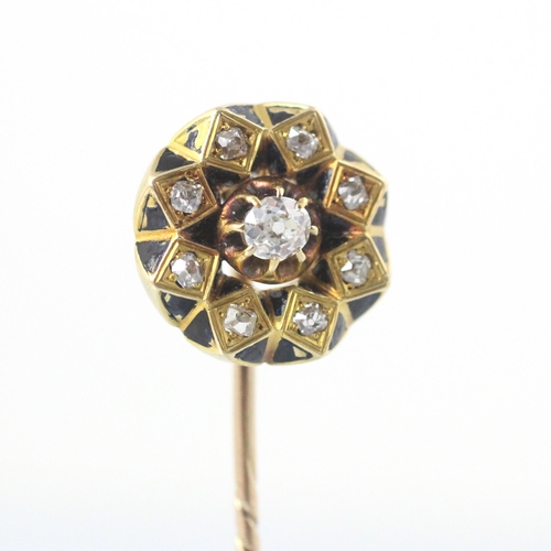 83 - A 19th century style diamond and enamel stick pin, the circular head set with central old cut diamon... 