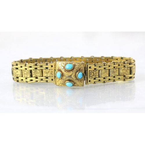 84 - A Victorian style gold plated bracelet, the raised rectangular box clasp set with four turquoise col... 