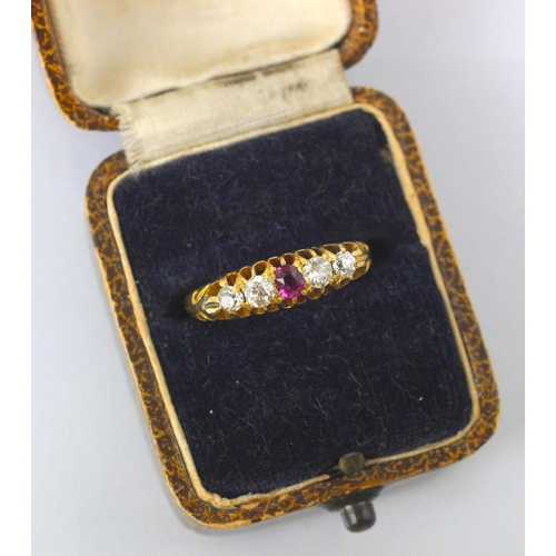 86 - A Victorian 18ct yellow gold Burmese ruby and diamond ring, the central cushion cut ruby with two ol... 