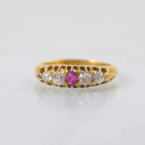 86 - A Victorian 18ct yellow gold Burmese ruby and diamond ring, the central cushion cut ruby with two ol... 