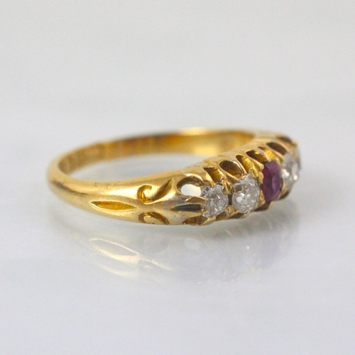 86 - A Victorian 18ct yellow gold Burmese ruby and diamond ring, the central cushion cut ruby with two ol... 