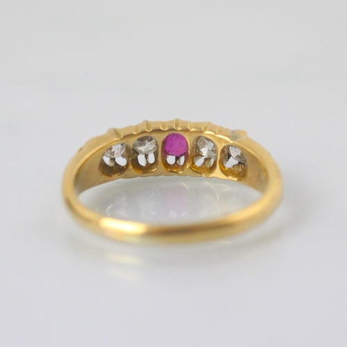 86 - A Victorian 18ct yellow gold Burmese ruby and diamond ring, the central cushion cut ruby with two ol... 