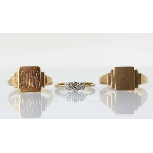 93 - A 9ct yellow gold signet ring, the rectangular head leading to stepped shoulders and plain polished ... 