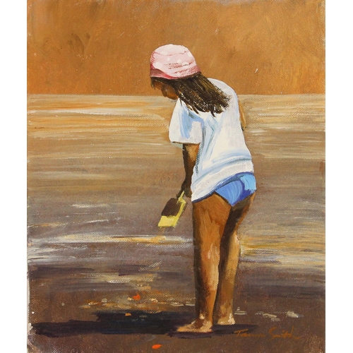 174 - Tanya Smith (British, contemporary),  
A child digging on a sandy beach,  
Oil on canvas,  
Signed l... 