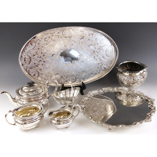 47 - A large selection of silver plated wares, including a three piece tea service, comprising teapot, su... 