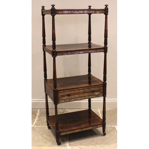 491 - A William IV rosewood and mother of pearl inlaid four tier what not reading stand, the adjustable up... 