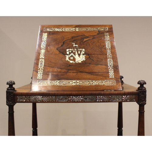 491 - A William IV rosewood and mother of pearl inlaid four tier what not reading stand, the adjustable up... 