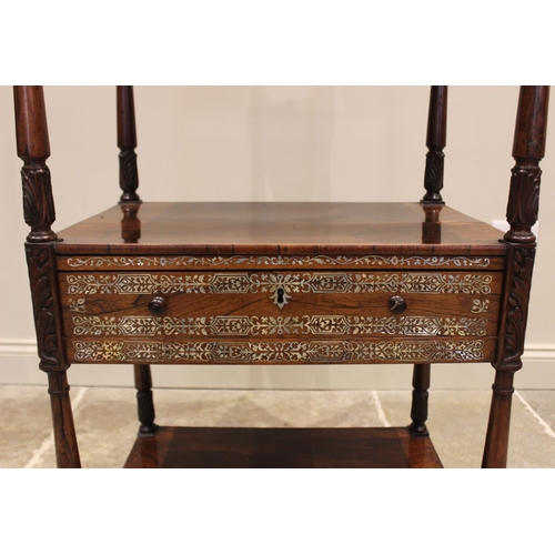 491 - A William IV rosewood and mother of pearl inlaid four tier what not reading stand, the adjustable up... 