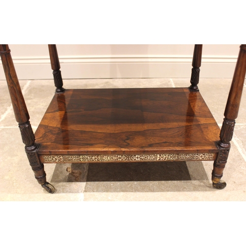 491 - A William IV rosewood and mother of pearl inlaid four tier what not reading stand, the adjustable up... 