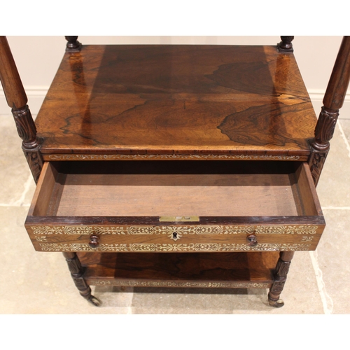 491 - A William IV rosewood and mother of pearl inlaid four tier what not reading stand, the adjustable up... 