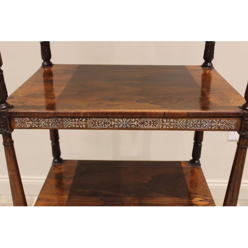 491 - A William IV rosewood and mother of pearl inlaid four tier what not reading stand, the adjustable up... 