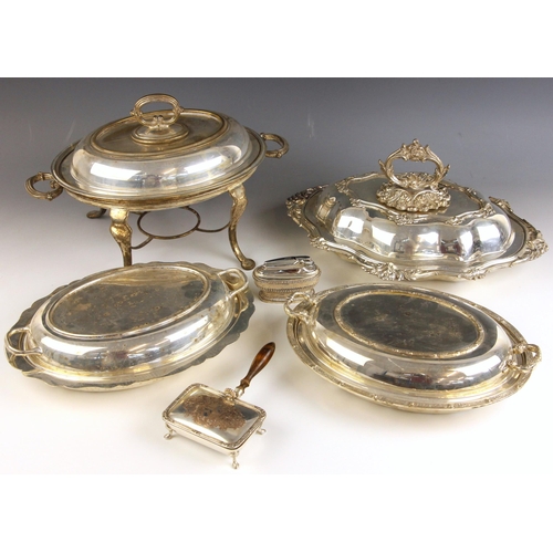 52 - A selection of silver plate, including a Ronson silver plated table lighter, 6cm high, a small warmi... 