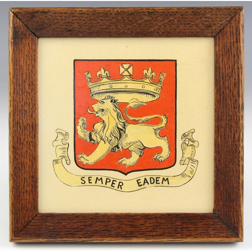 251 - A hand painted tile depicting a crowned lion passant on a red shield over the motto 'Semper Eadem' [... 